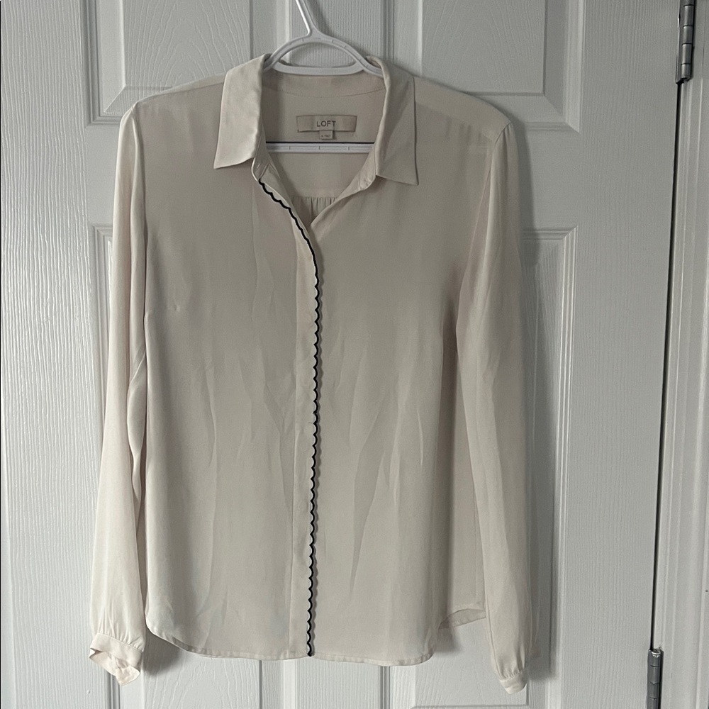 LOFT Ivory Blouse with Black Scallop Front